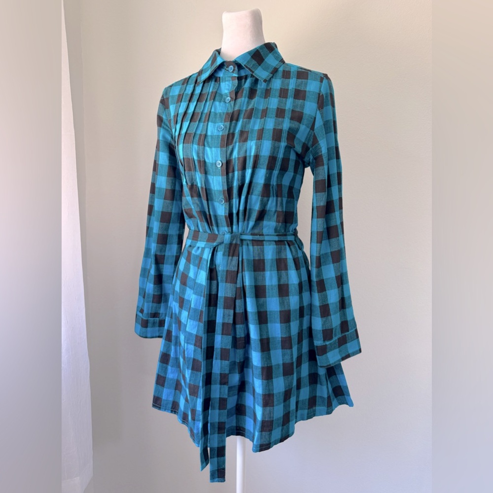 Vintage Y2K Planet Funk Aqua & Black Checker Print Belted Button Down Dress